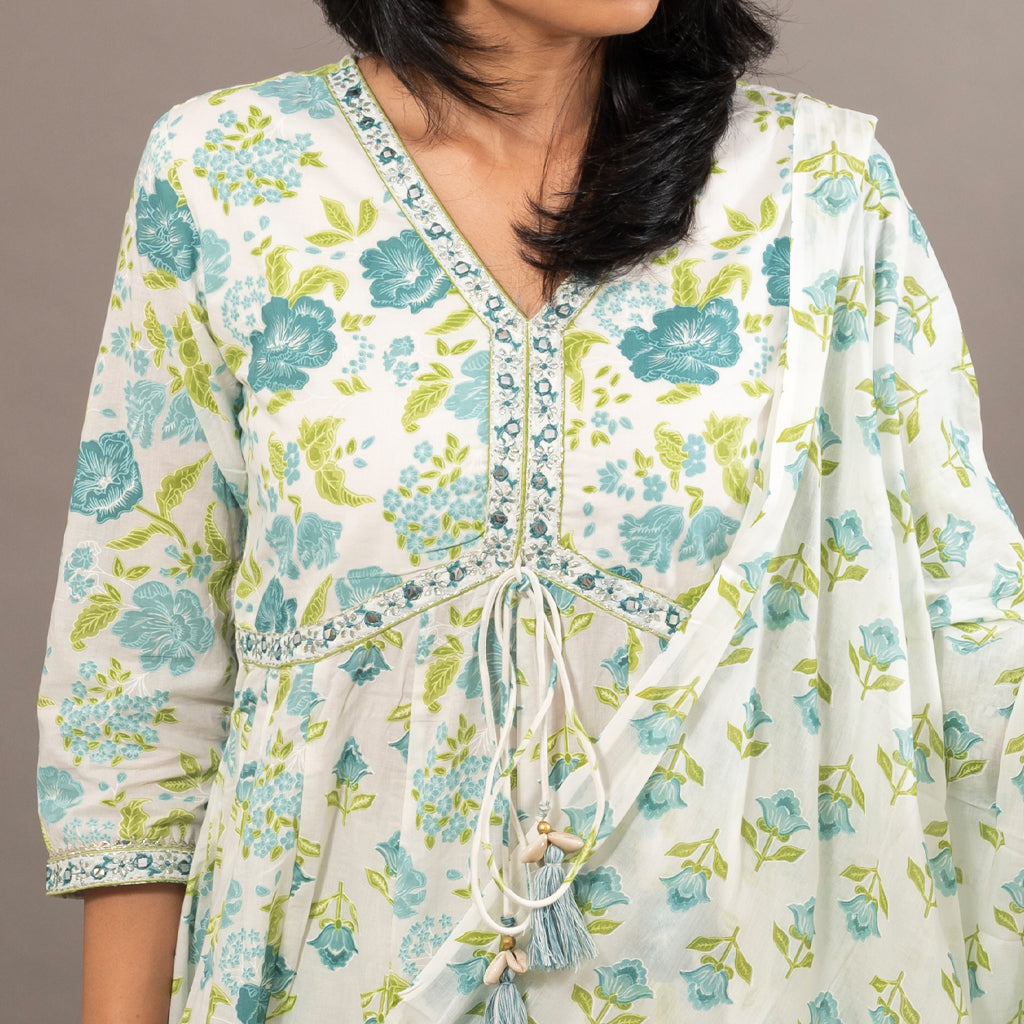 White Blue Floral Anarkali Cotton Suit