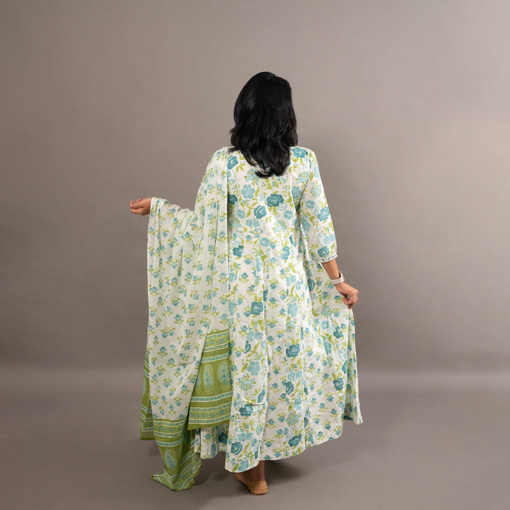 White Blue Floral Anarkali Cotton Suit