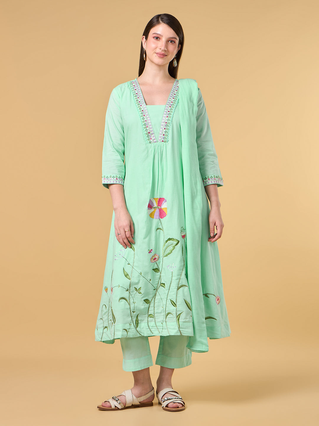 Pastel Green Embroidered Cotton Suit