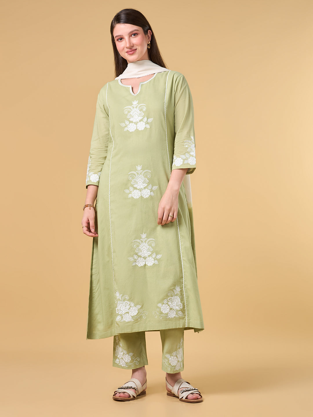 Pastel lime Green Embroidered Cotton Suit