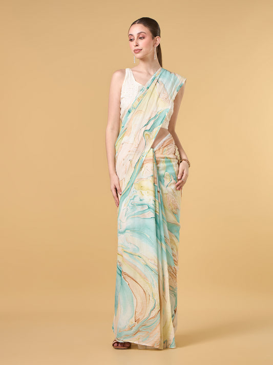 Ocean Blue Hand Marble Printed Cotton Saree