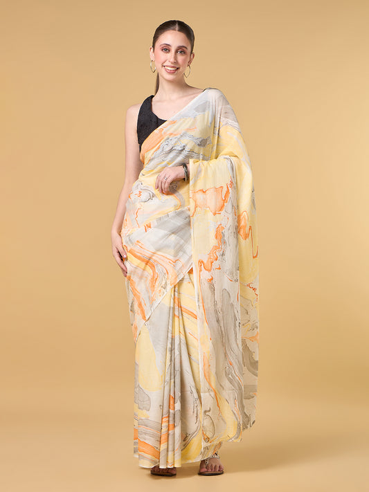 Yellow Abstract Hand Marble Printed Cotton Saree