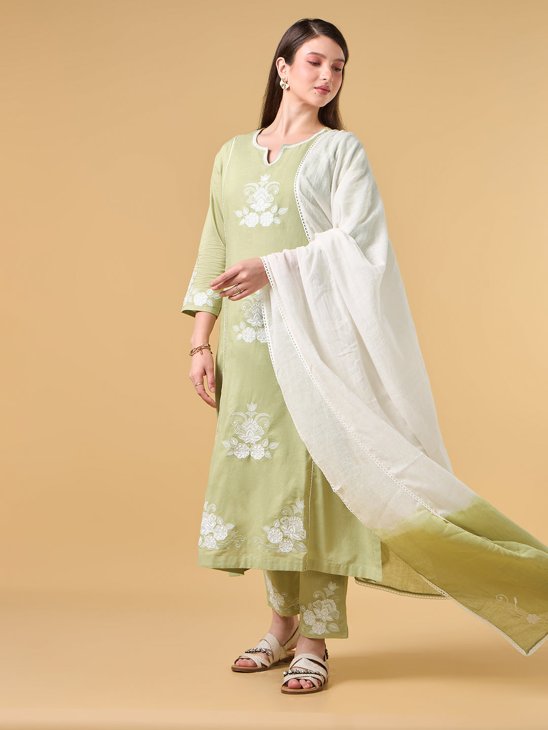 Pastel lime Green Embroidered Cotton Suit