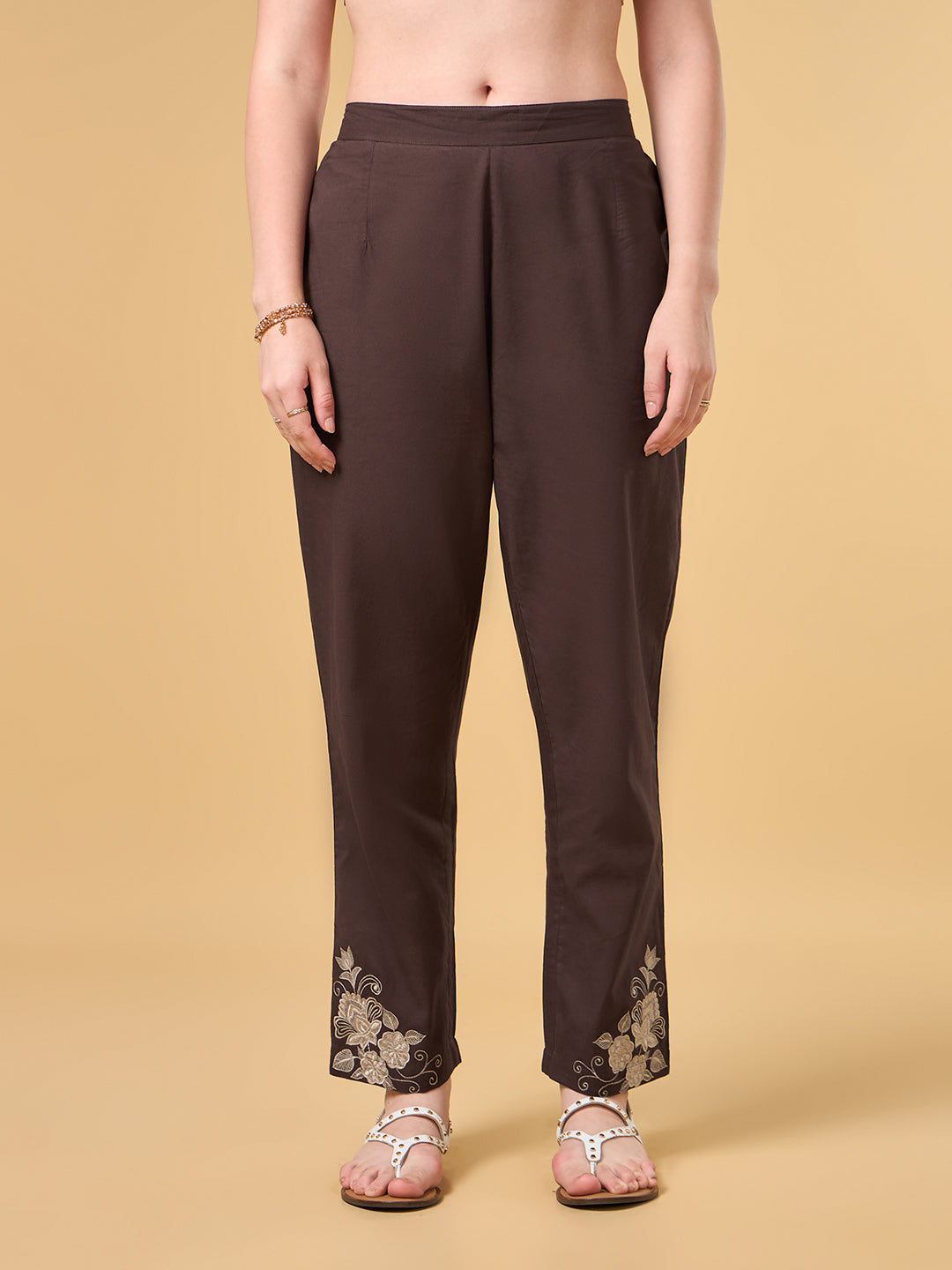 Dark Brown Embroidered Cotton Suit