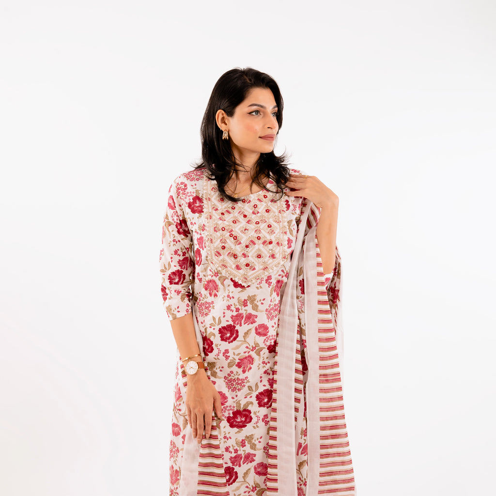 Mulberry Floral Printed Festive Cotton Suit