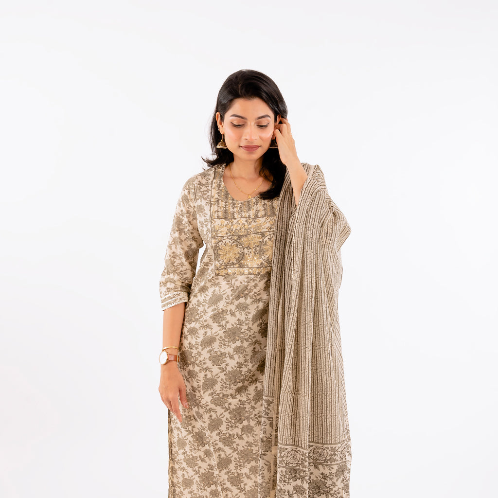 Coffee And Cream Sequence Work Cotton Suit