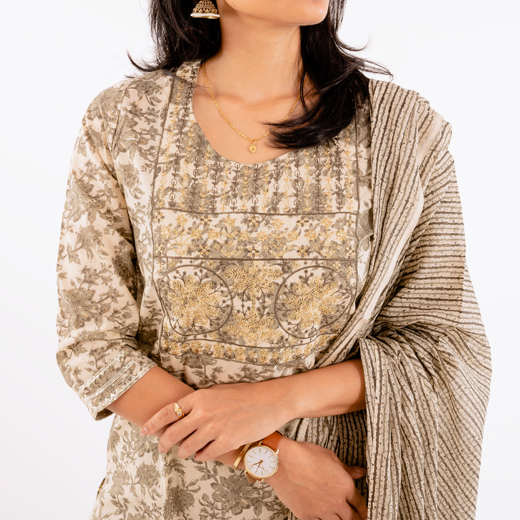 Coffee And Cream Sequence Work Cotton Suit