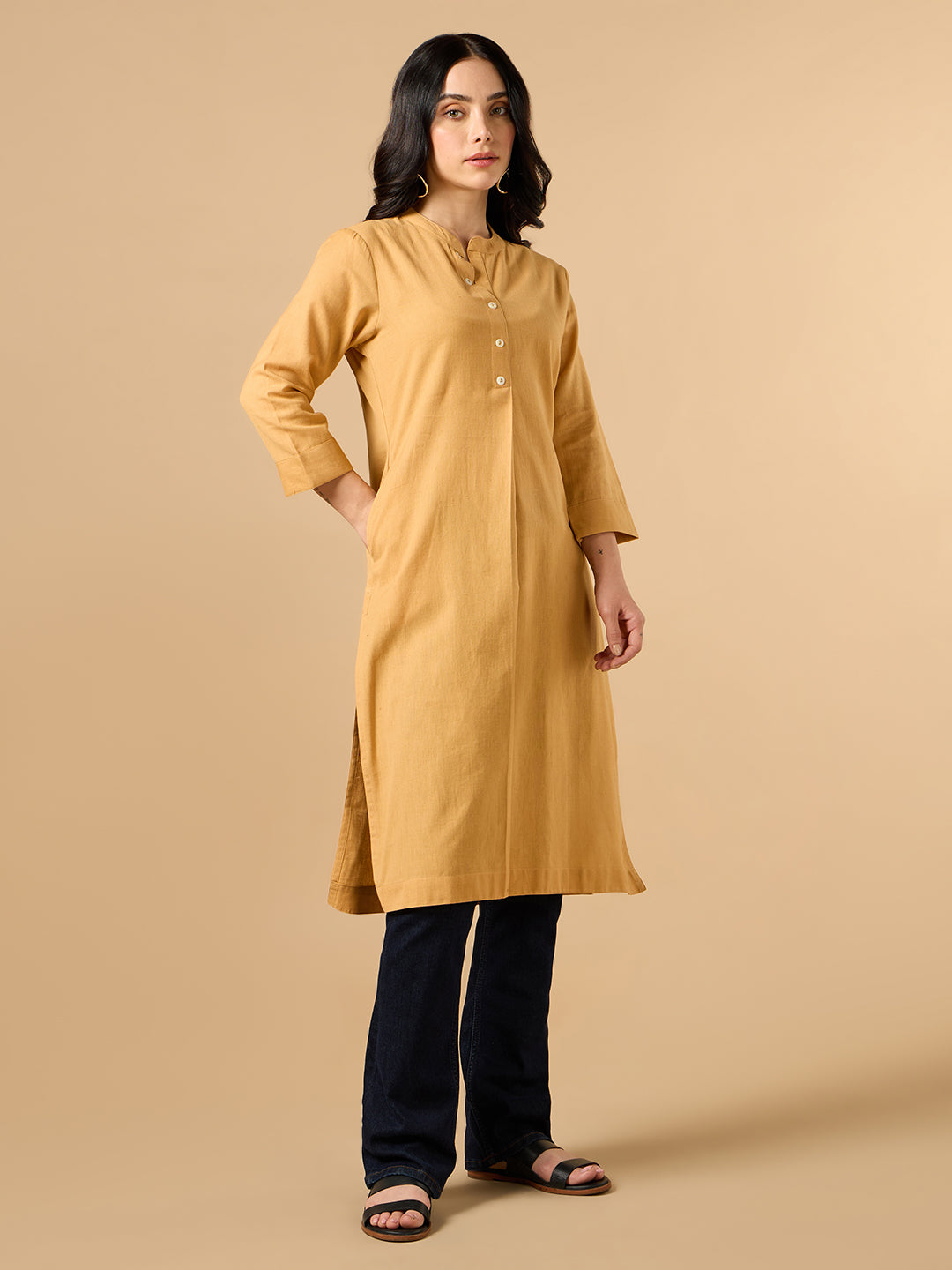 Classic Linen Pastel Orange Straight Long kurta