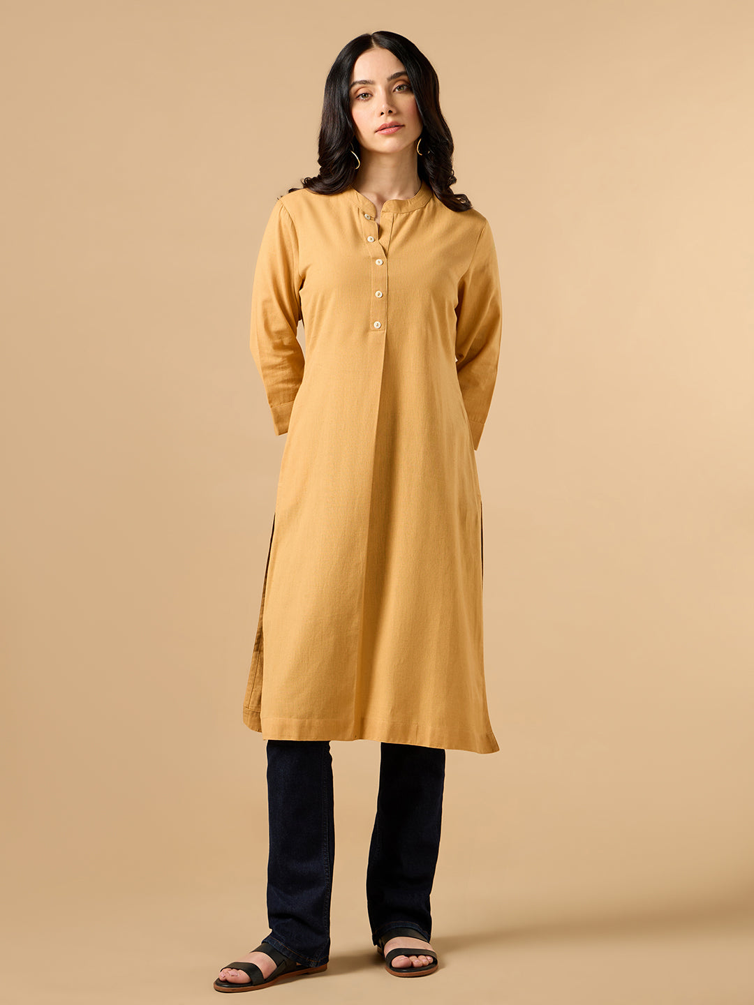 Classic Linen Pastel Orange Straight Long kurta