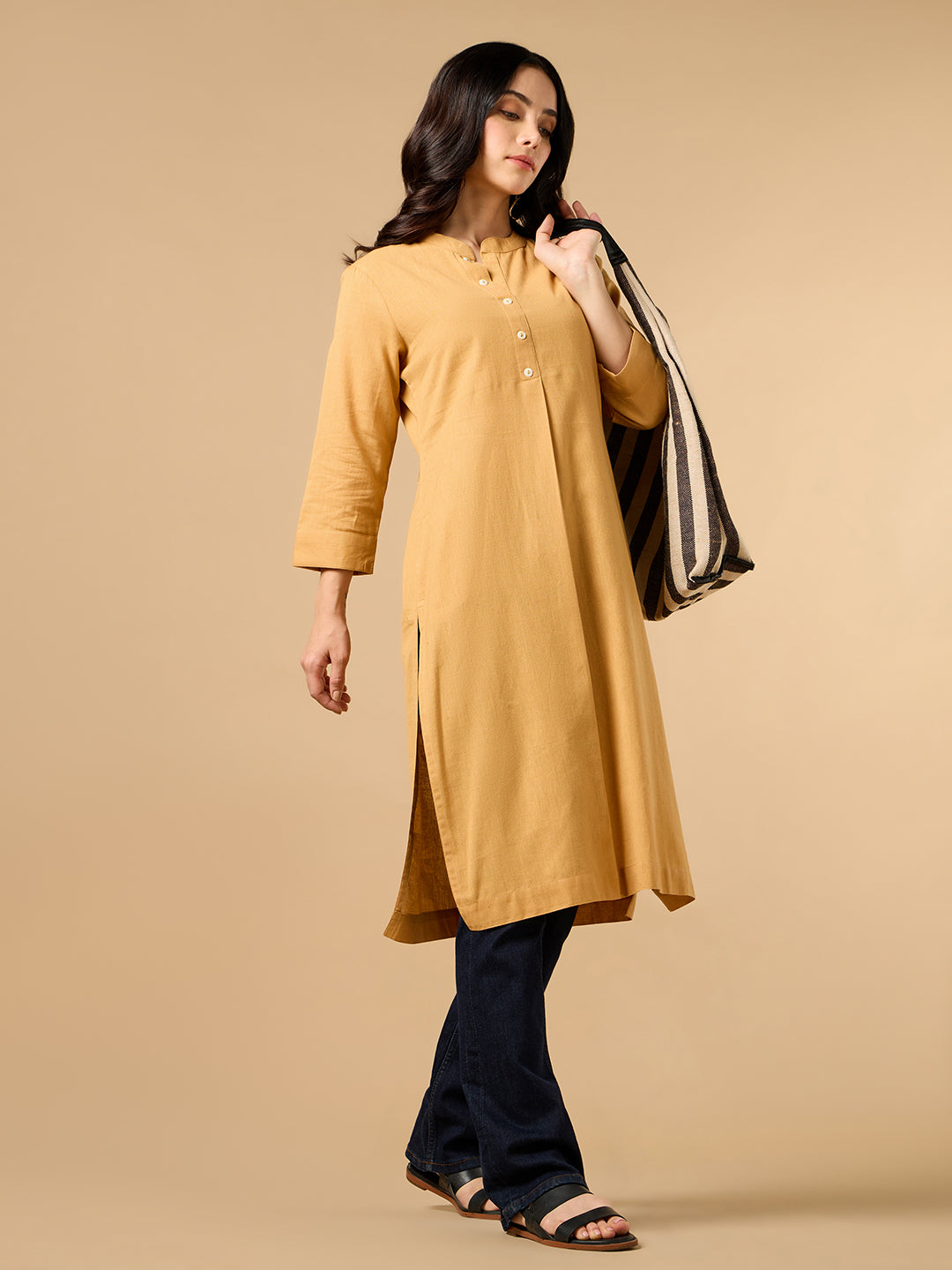 Classic Linen Pastel Orange Straight Long kurta
