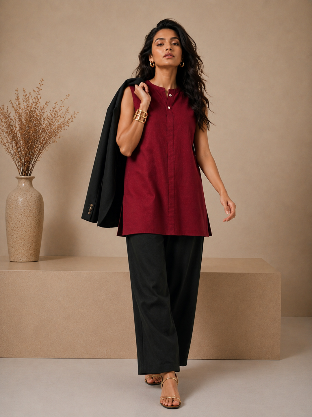 Linen Maroon Solid Short Kurta