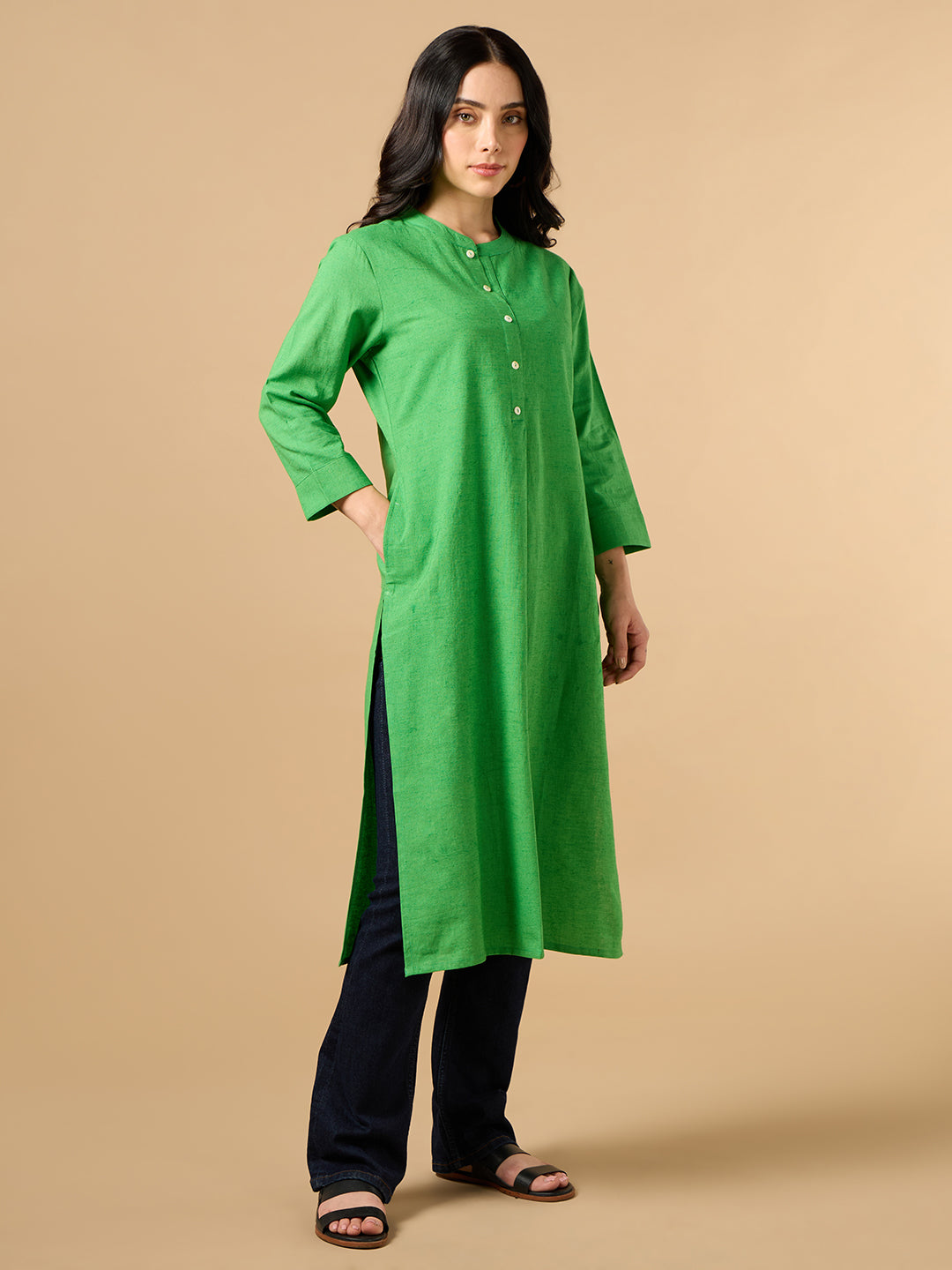 Classic Linen Green Straight Long Kurta
