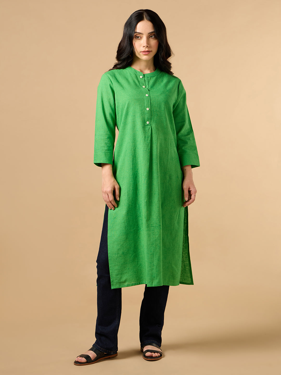 Classic Linen Green Straight Long Kurta