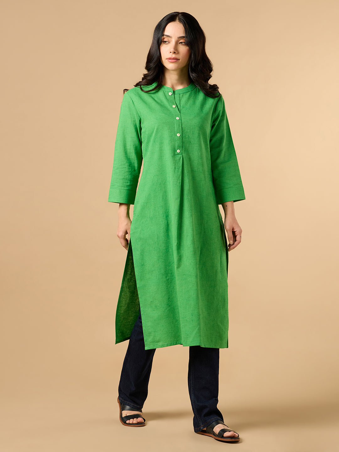 Classic Linen Green Straight Long Kurta