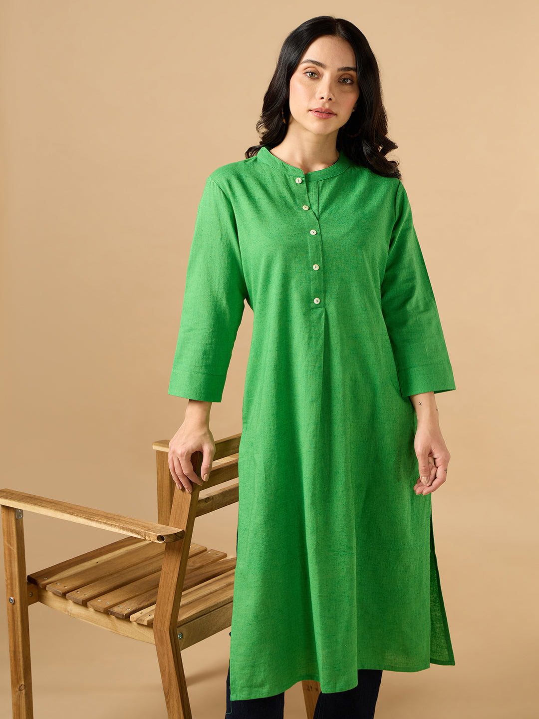 Classic Linen Green Straight Long Kurta