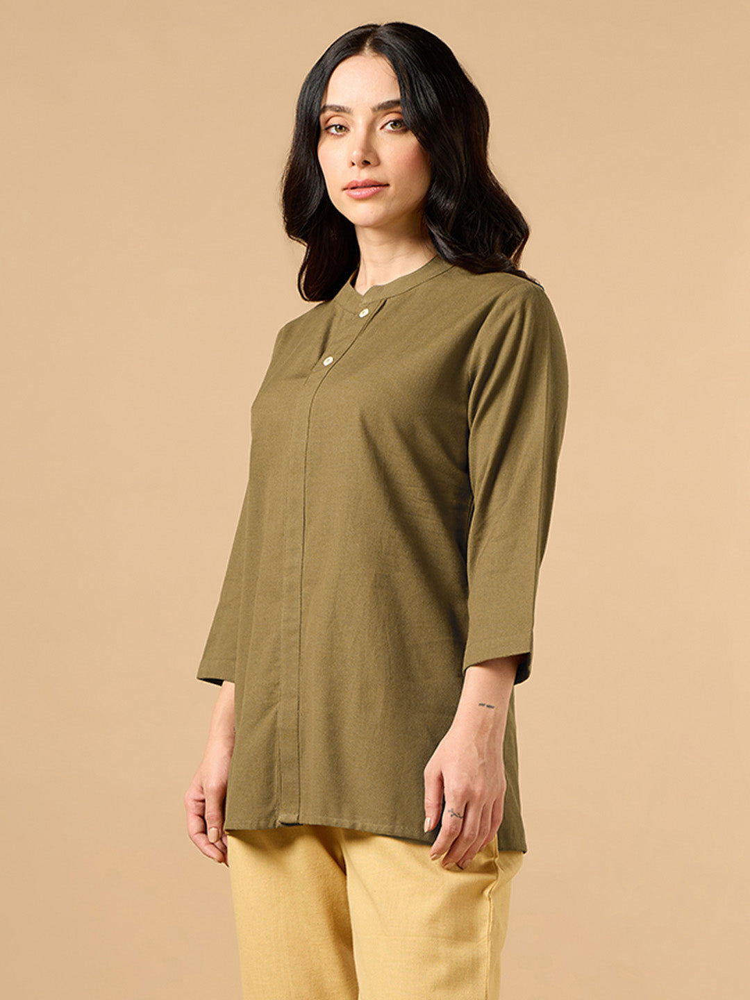 Classic Linen Olive Green Short Kurta