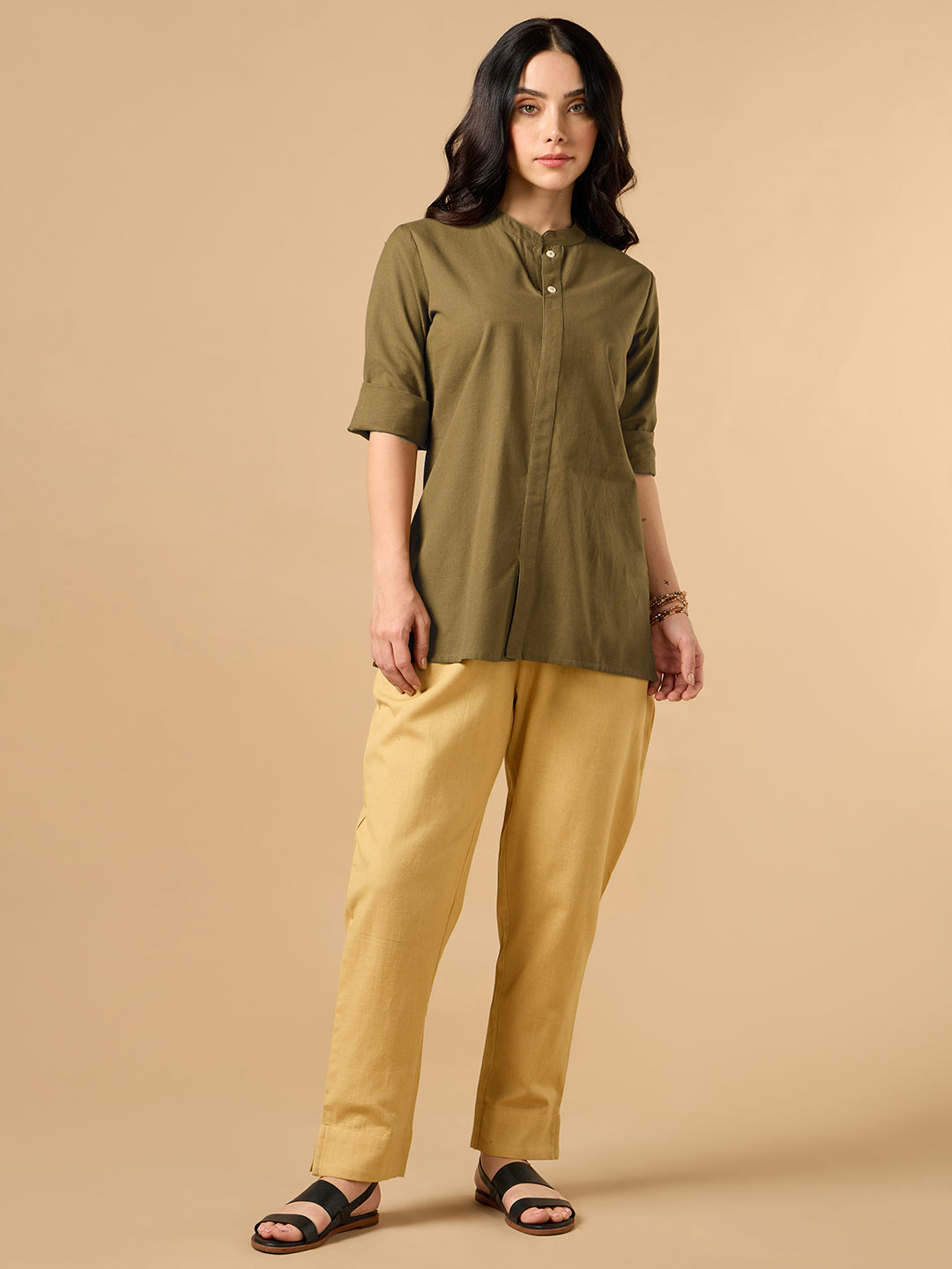 Classic Linen Olive Green Short Kurta