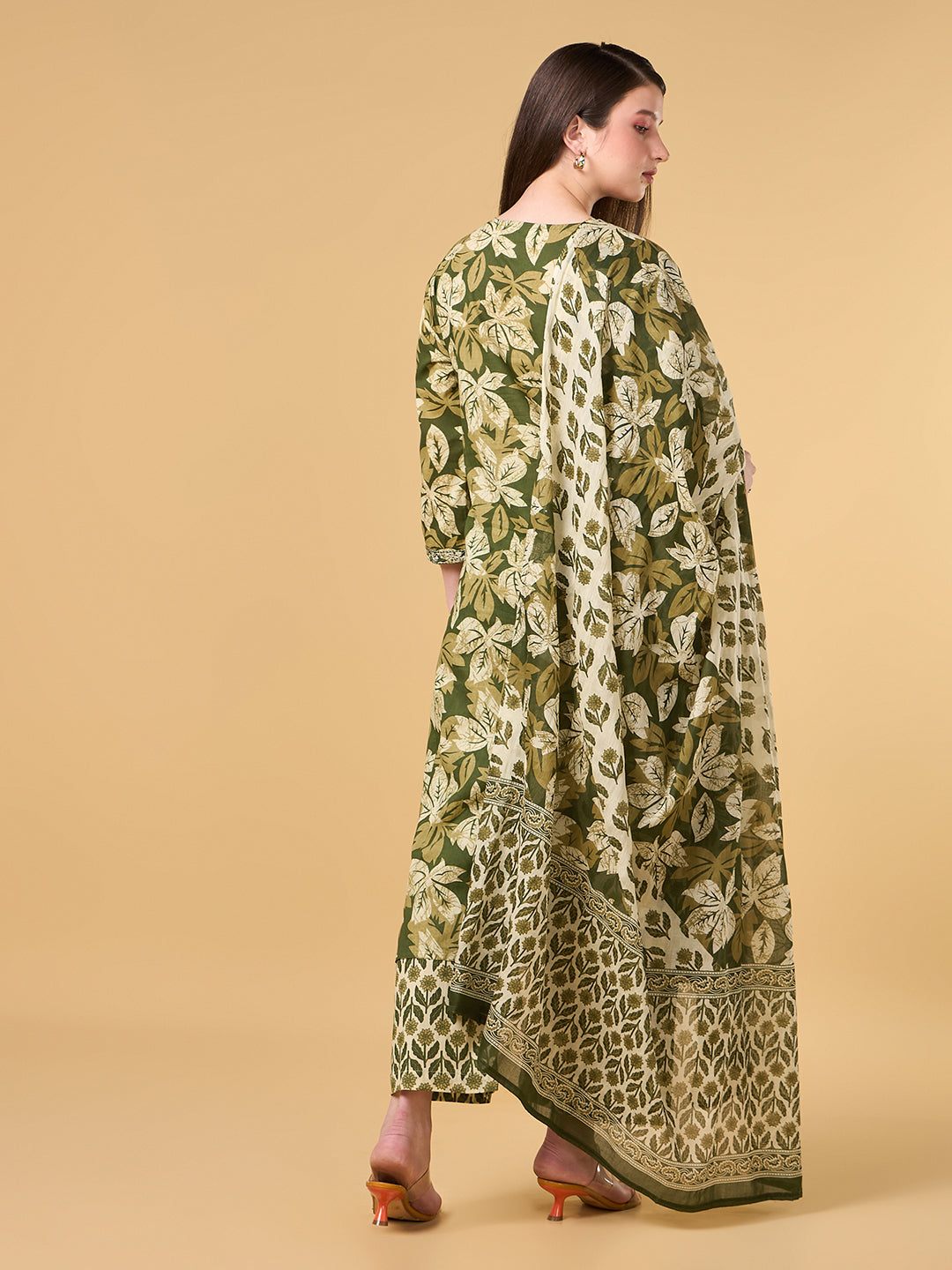 Olive Green Tropical Printed Cotton Suit