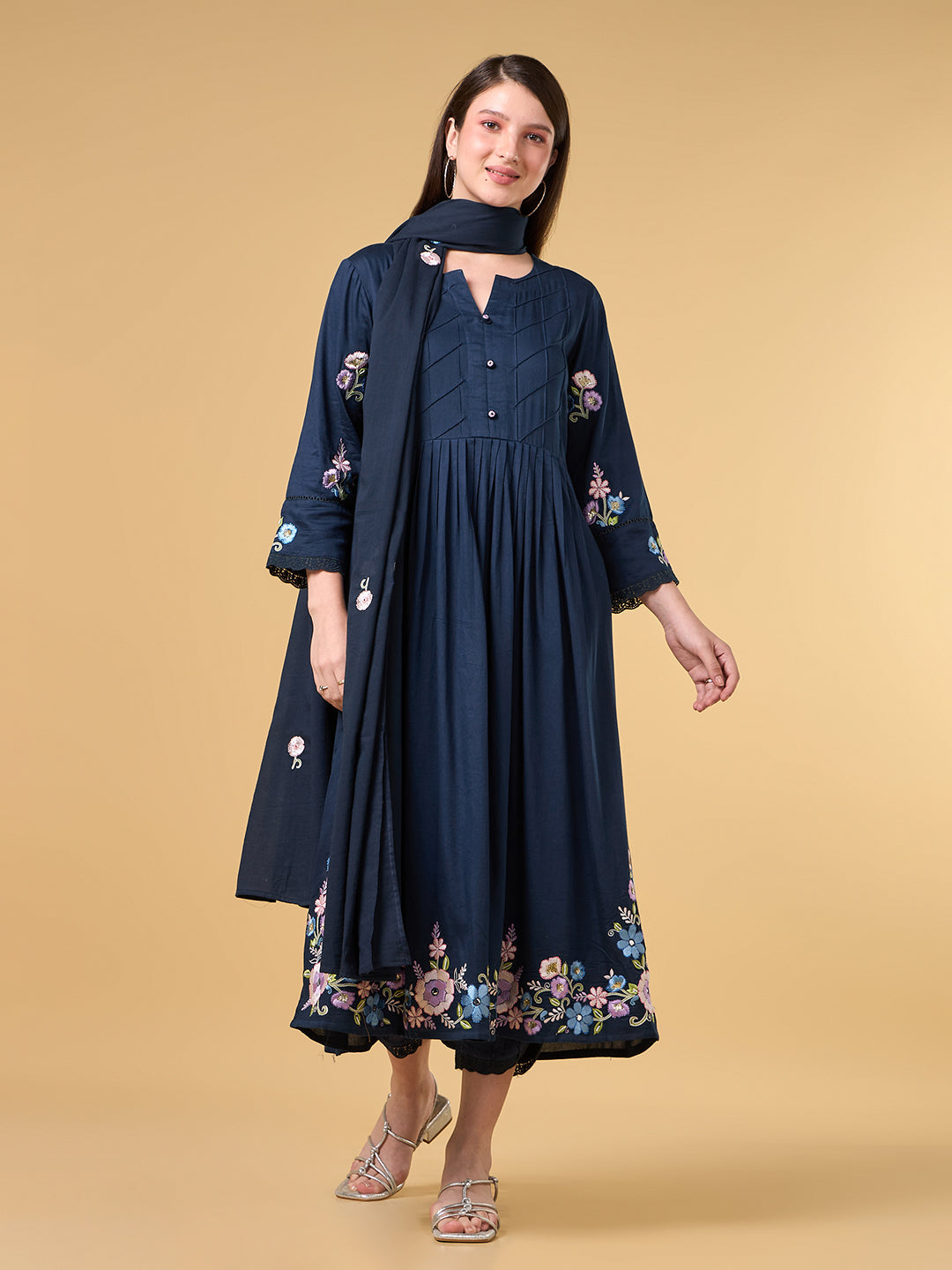 Navy Blue Embroidered Cotton Suit