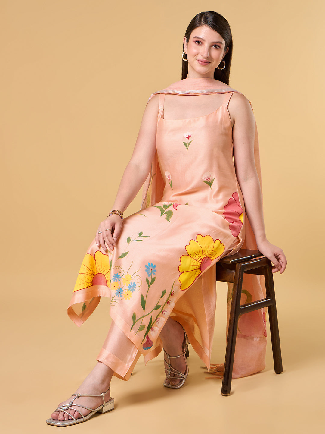 Pastel Peach Brush Painted Cotton Suit