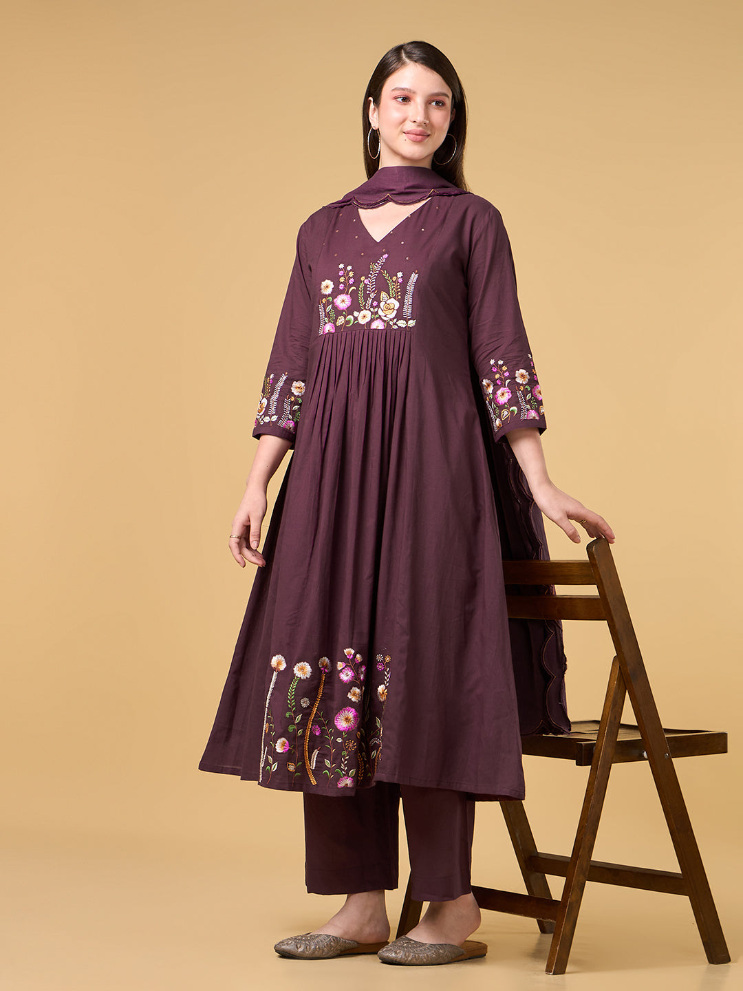 Wine Embroidered Cotton Suit
