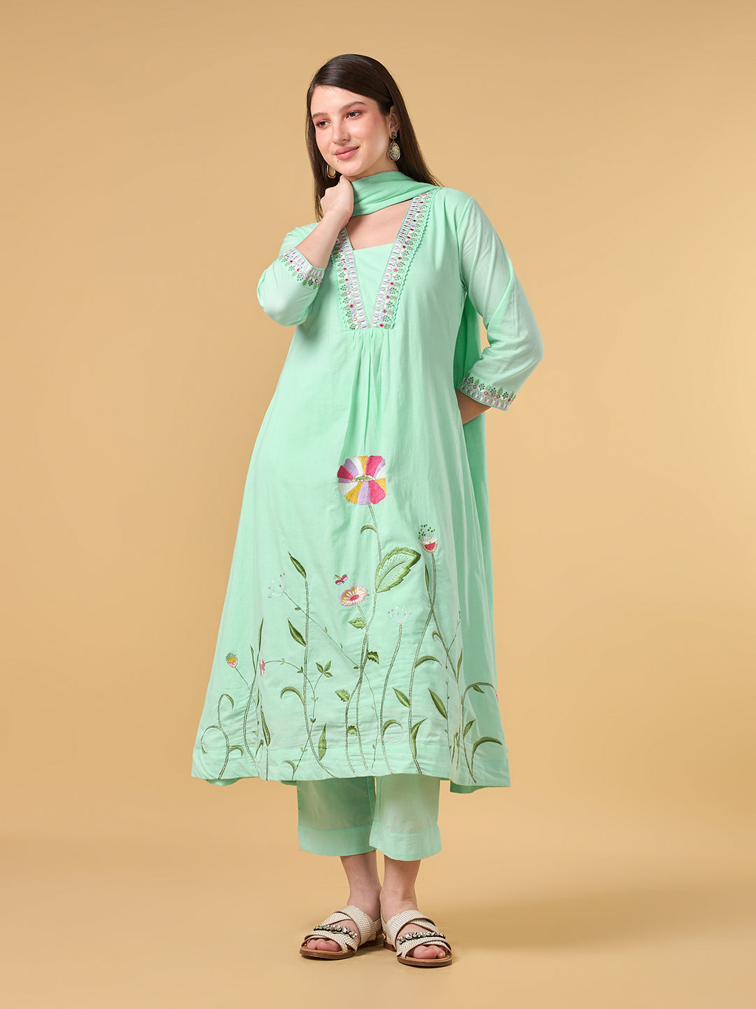 Pastel Green Embroidered Cotton Suit