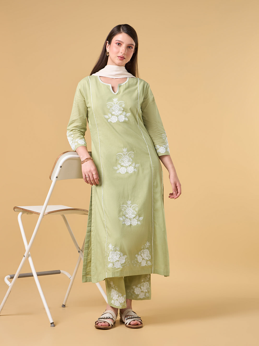 Pastel lime Green Embroidered Cotton Suit