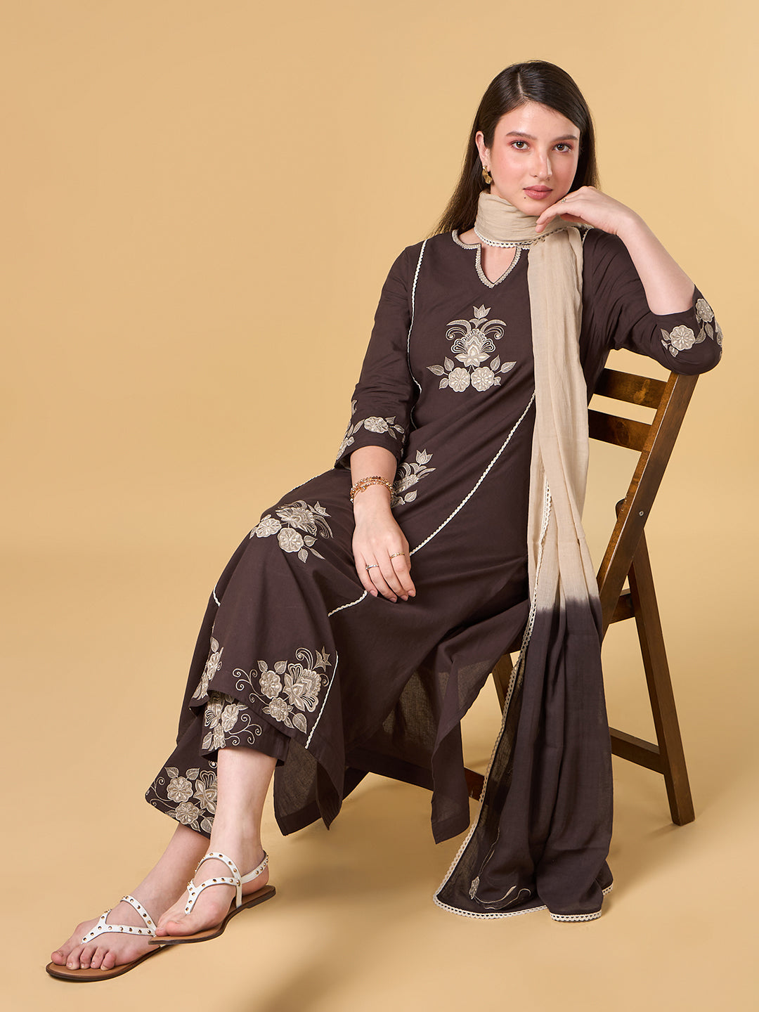 Dark Brown Embroidered Cotton Suit
