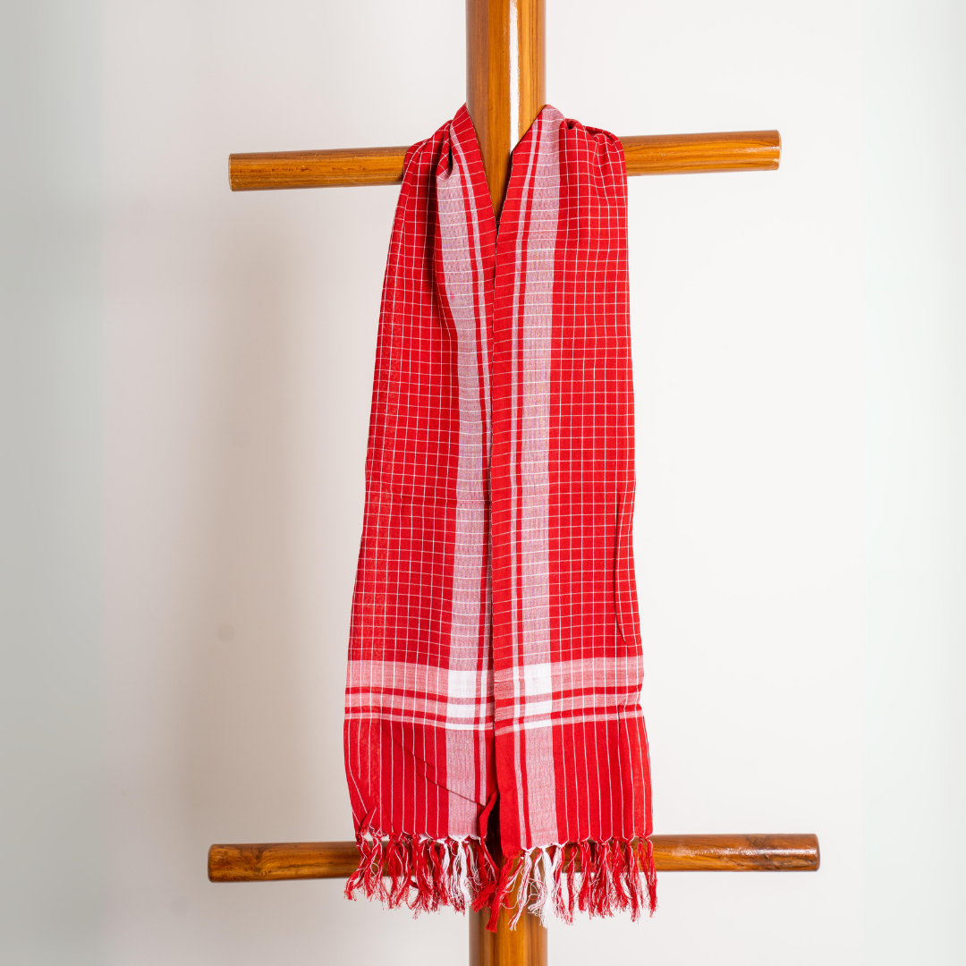 Goa's Pride Red Kunbi Stole from Cottons Daily – a 1.5-meter traditional red stole featuring classic checkered patterns, representing Goa's rich cultural heritage.