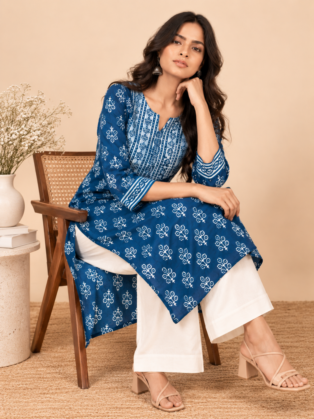 Indigo Peacock Feather Print Cotton Kurta