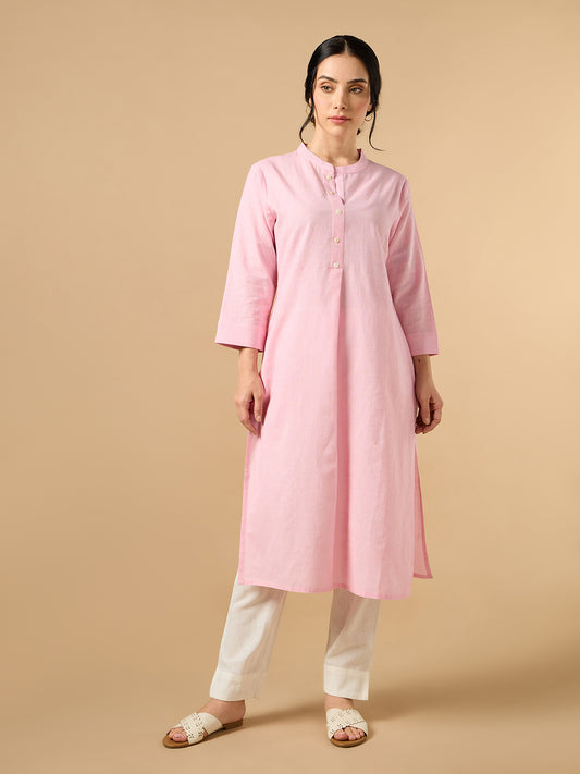 Classic Linen Baby Pink Straight Long Kurta