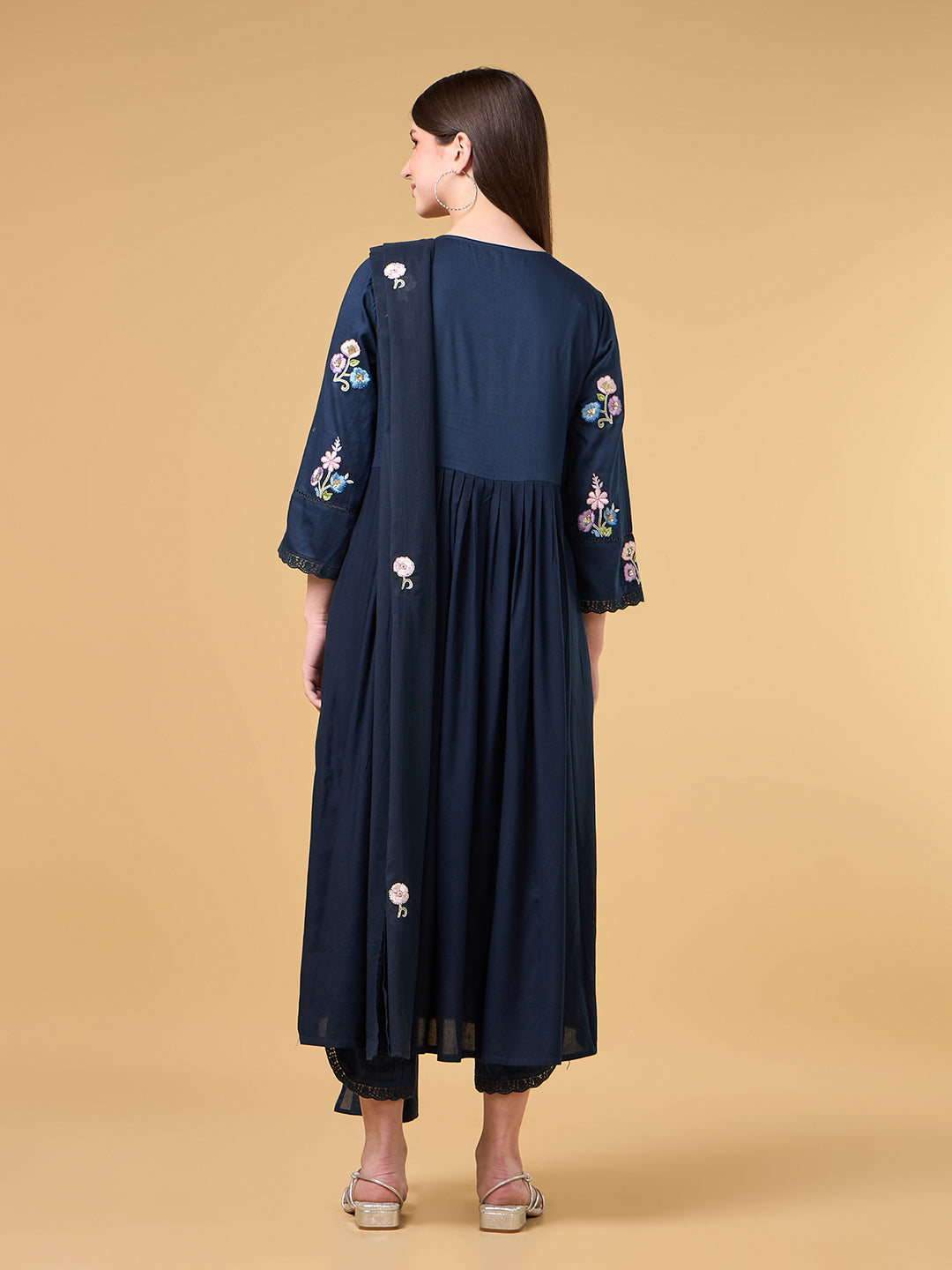 Navy Blue Embroidered Cotton Suit