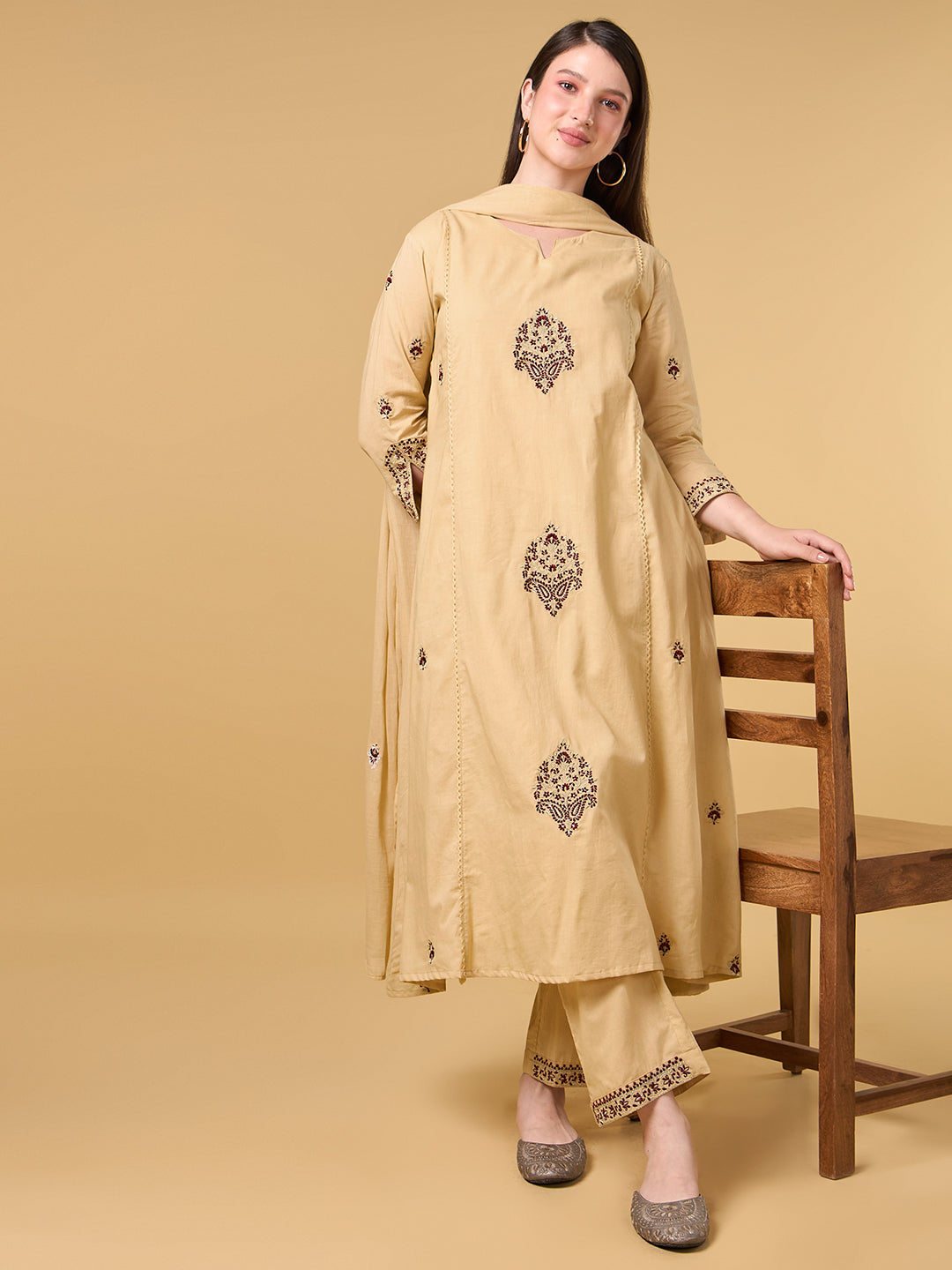 Beige Embroidered Cotton Suit