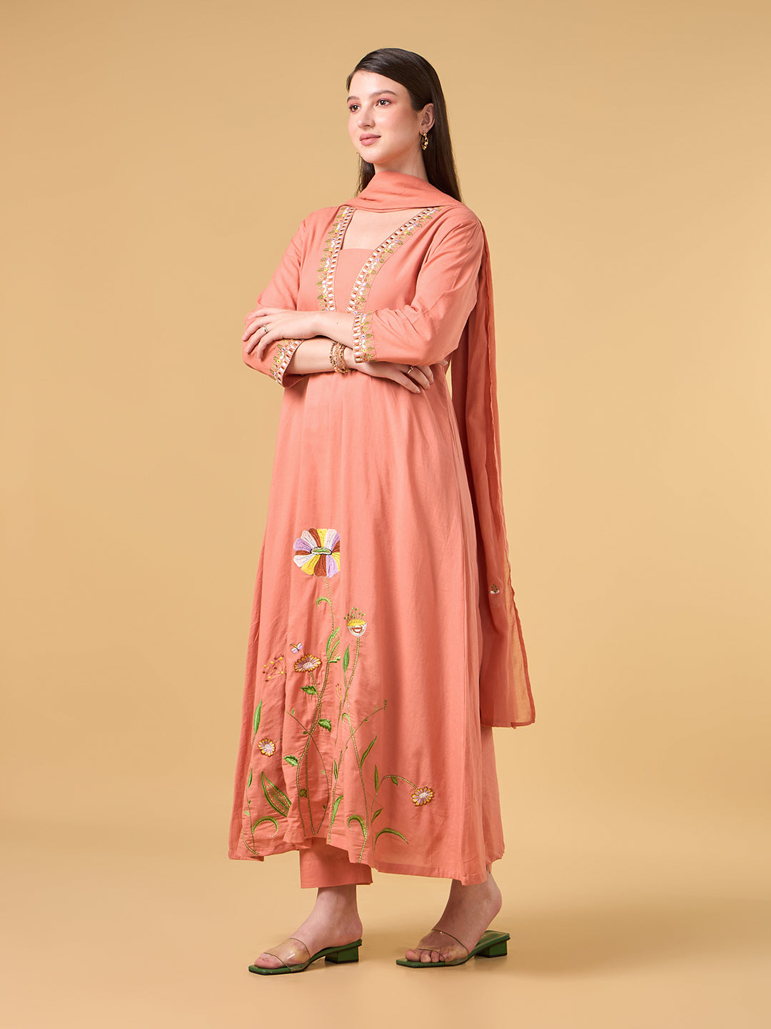Orange Embroidered Cotton Suit