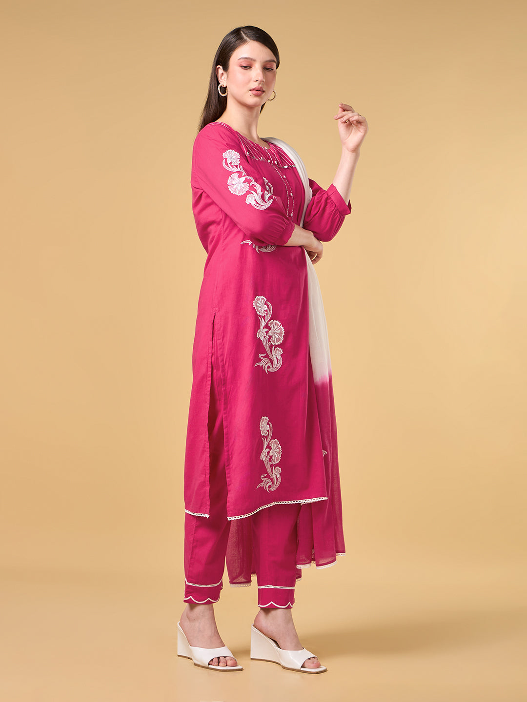 Bright Pink Embroidered Cotton Suit
