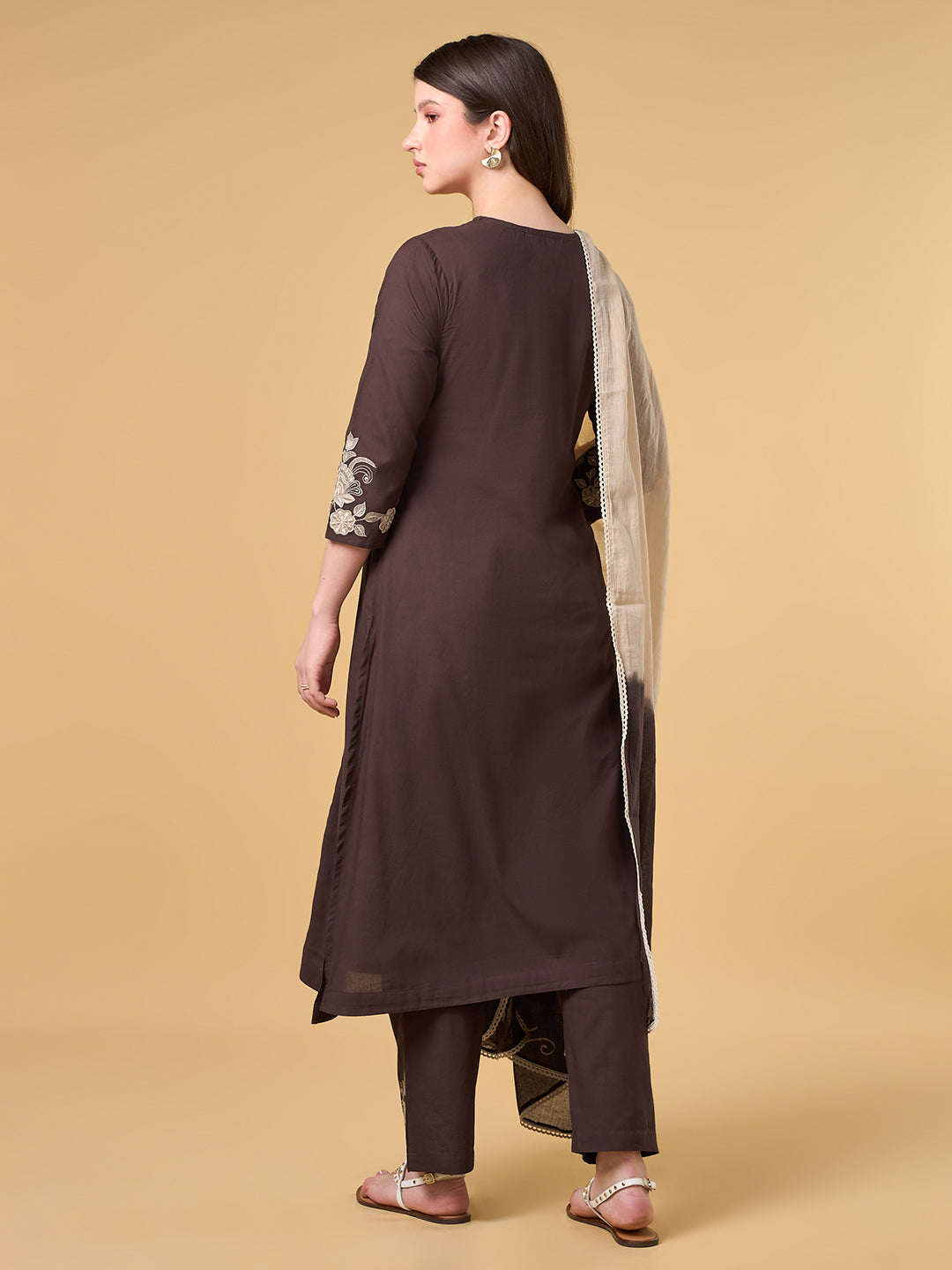 Dark Brown Embroidered Cotton Suit