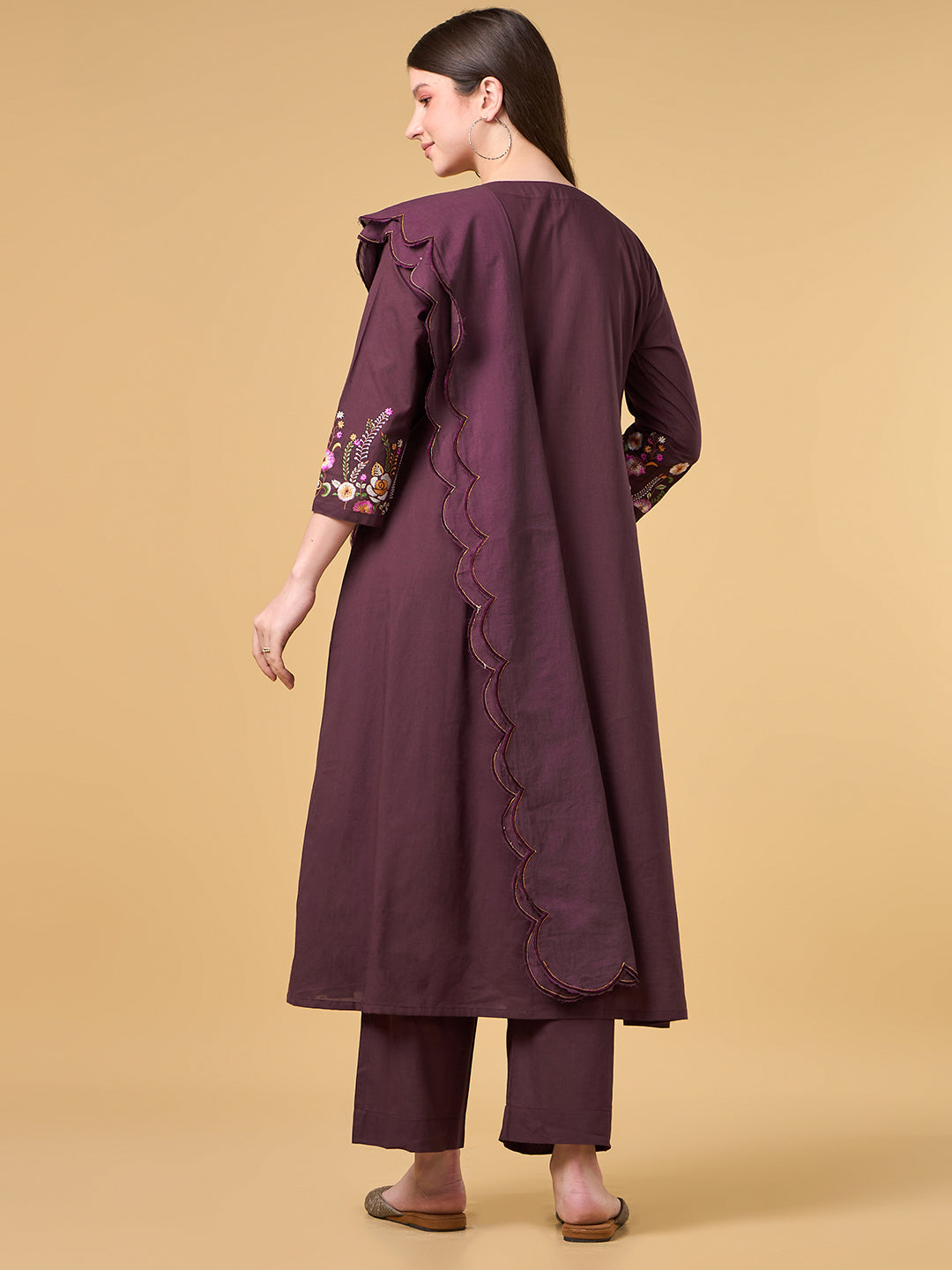 Wine Embroidered Cotton Suit