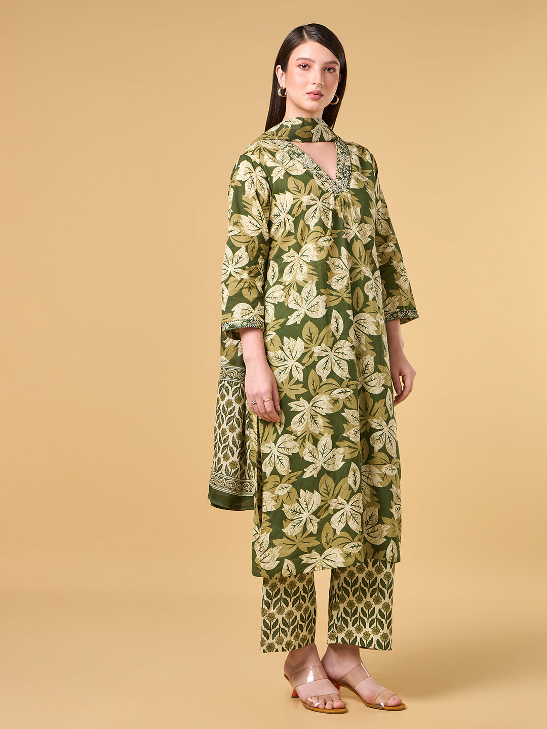 Olive Green Tropical Printed Cotton Suit