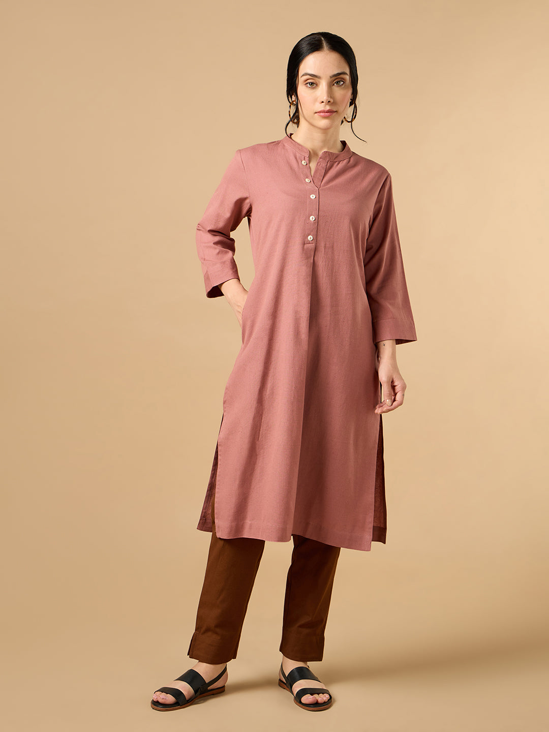 Classic Linen Watermelon pink Straight Long Kurta