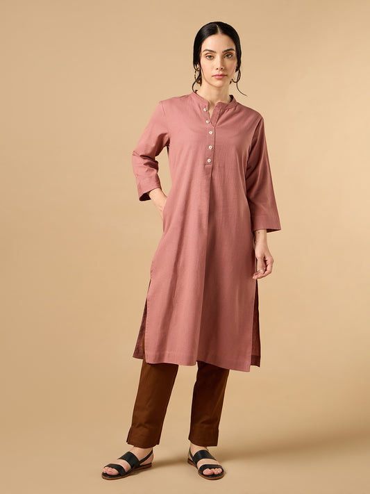 Classic Linen Chestnut Brown Straight Long Kurta
