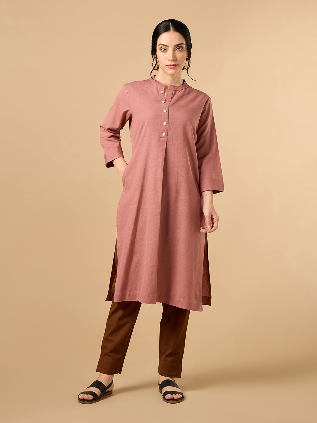 Classic Linen Watermelon pink Straight Long Kurta