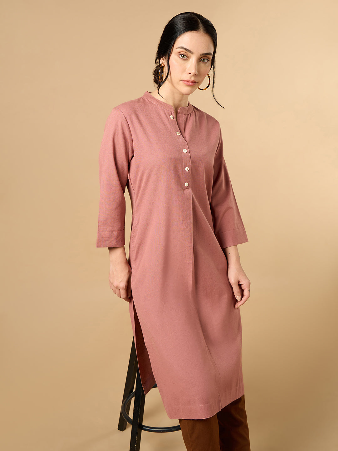 Classic Linen Watermelon pink Straight Long Kurta
