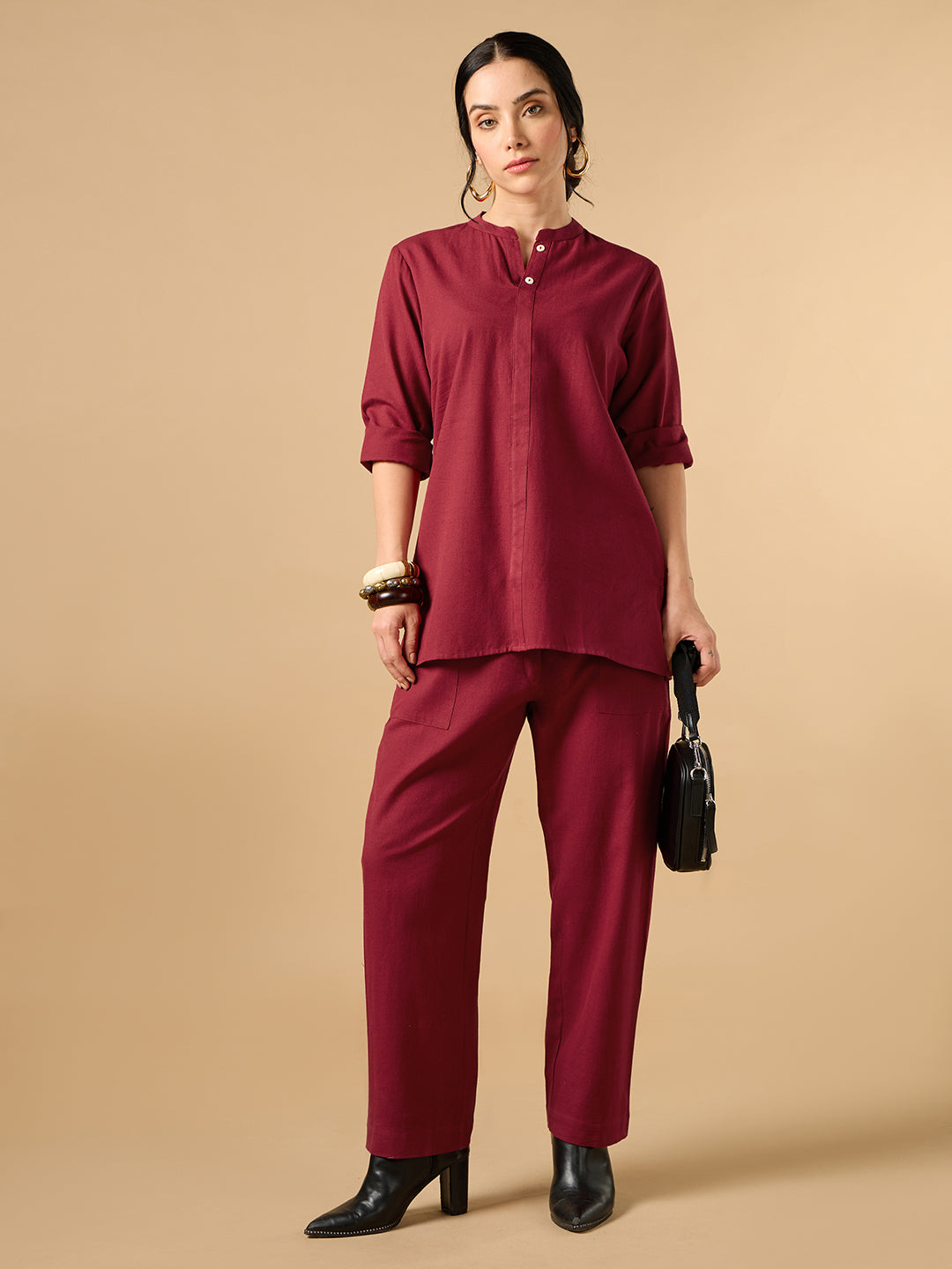Classic Linen Maroon Short Kurta