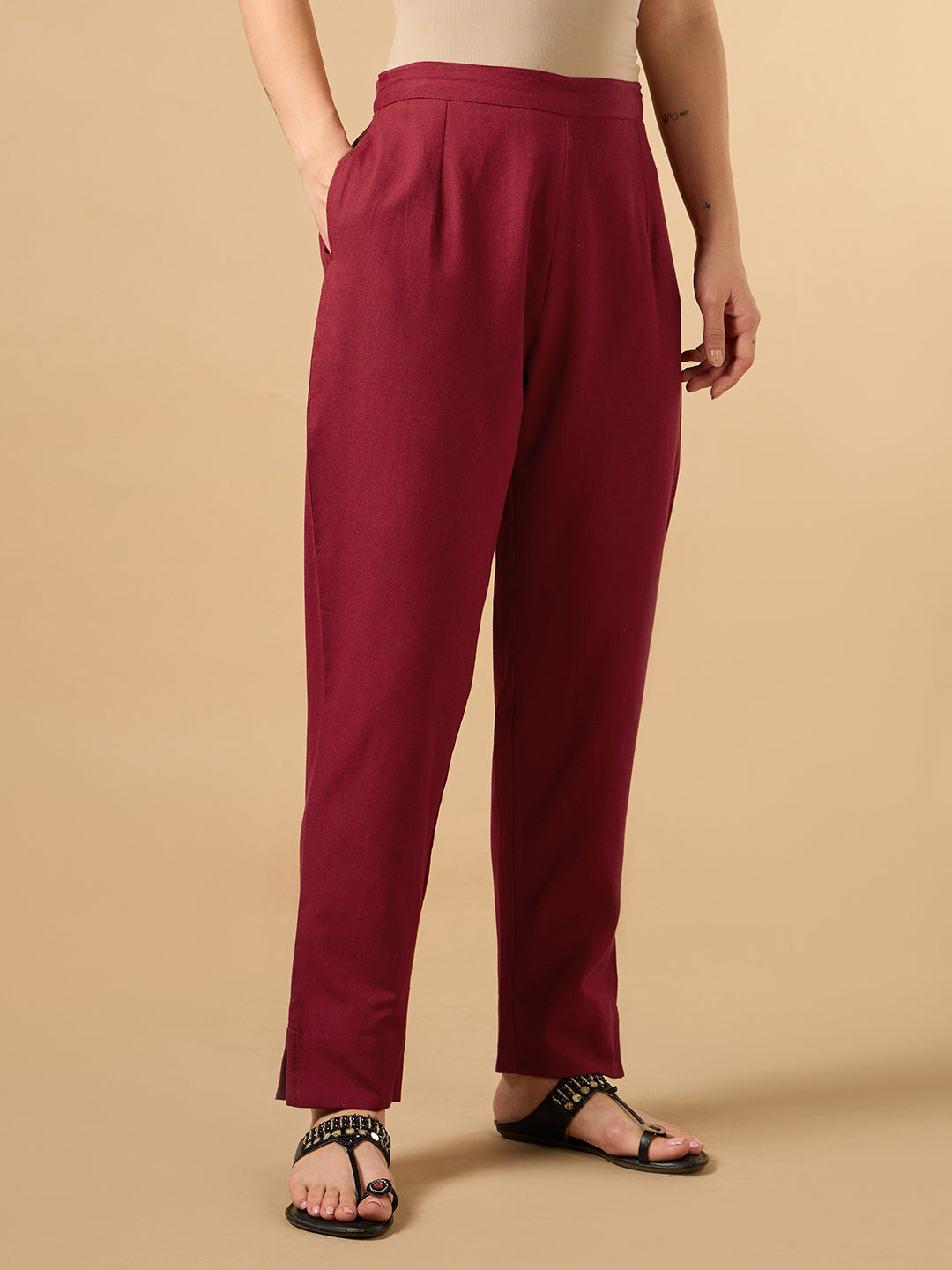 Maroon Cotton Staight Pant