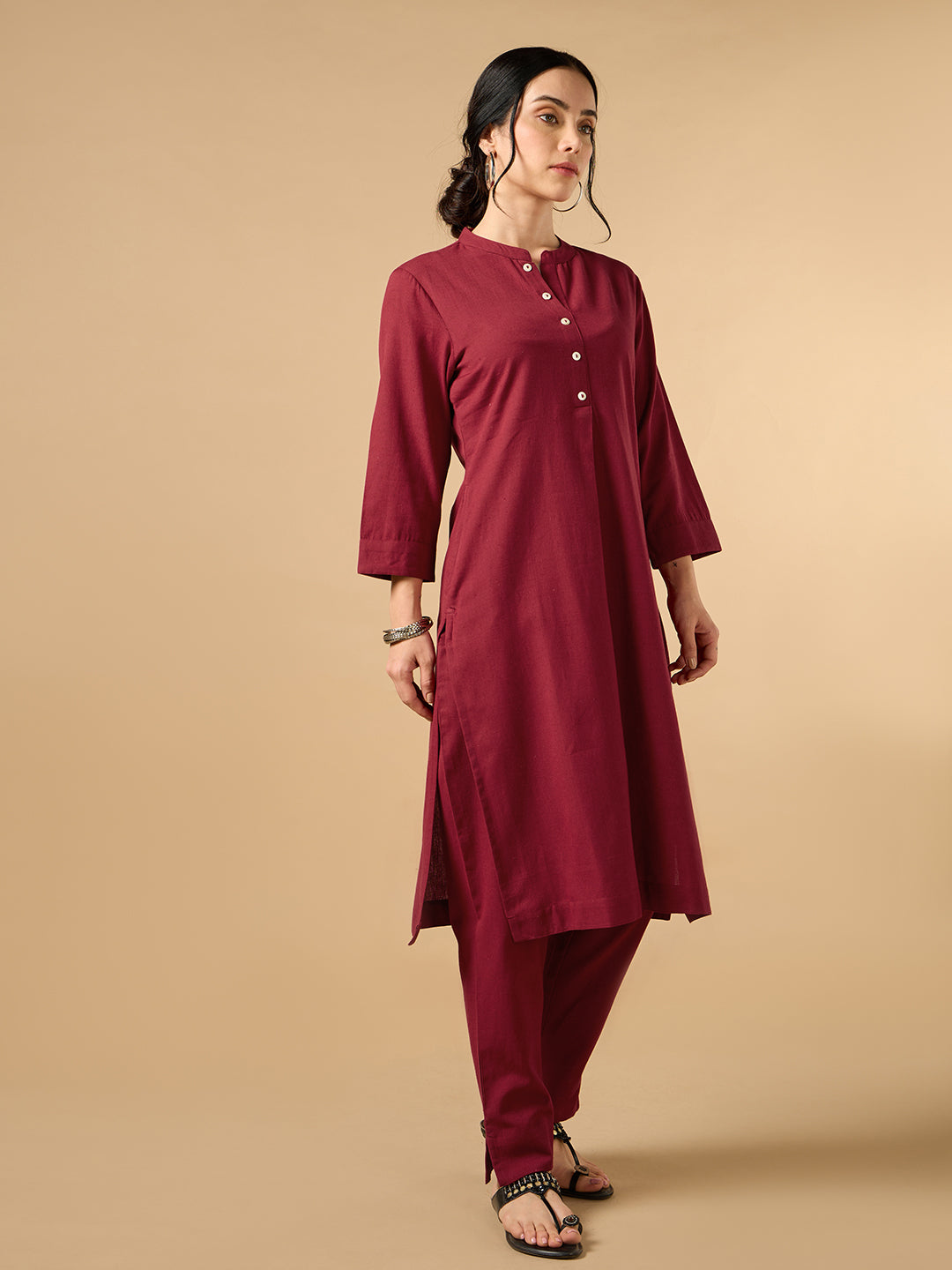 Classic Linen Maroon Straight Long Kurta
