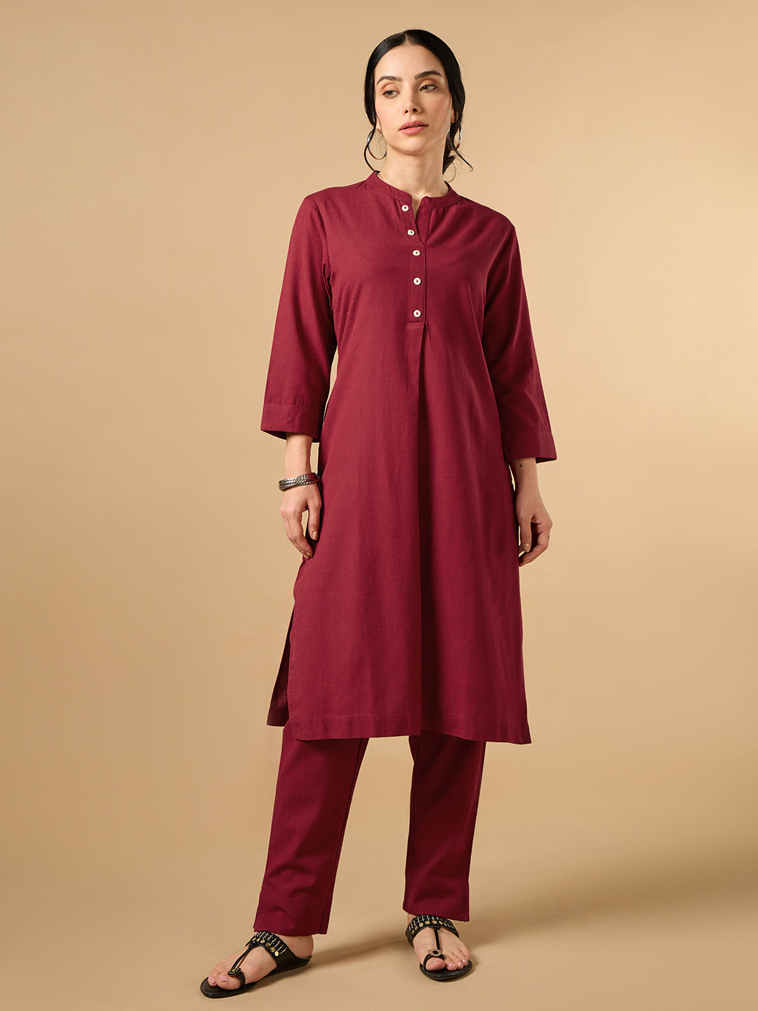 Classic Linen Maroon Straight Long Kurta