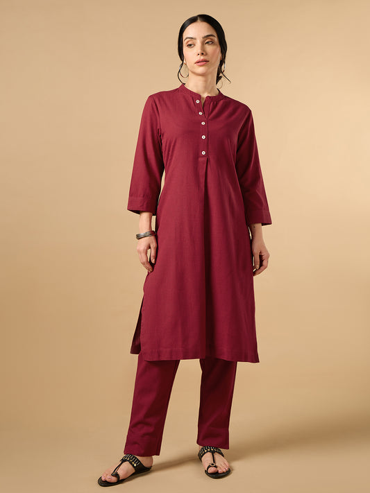 Classic Linen Maroon Straight Long Kurta