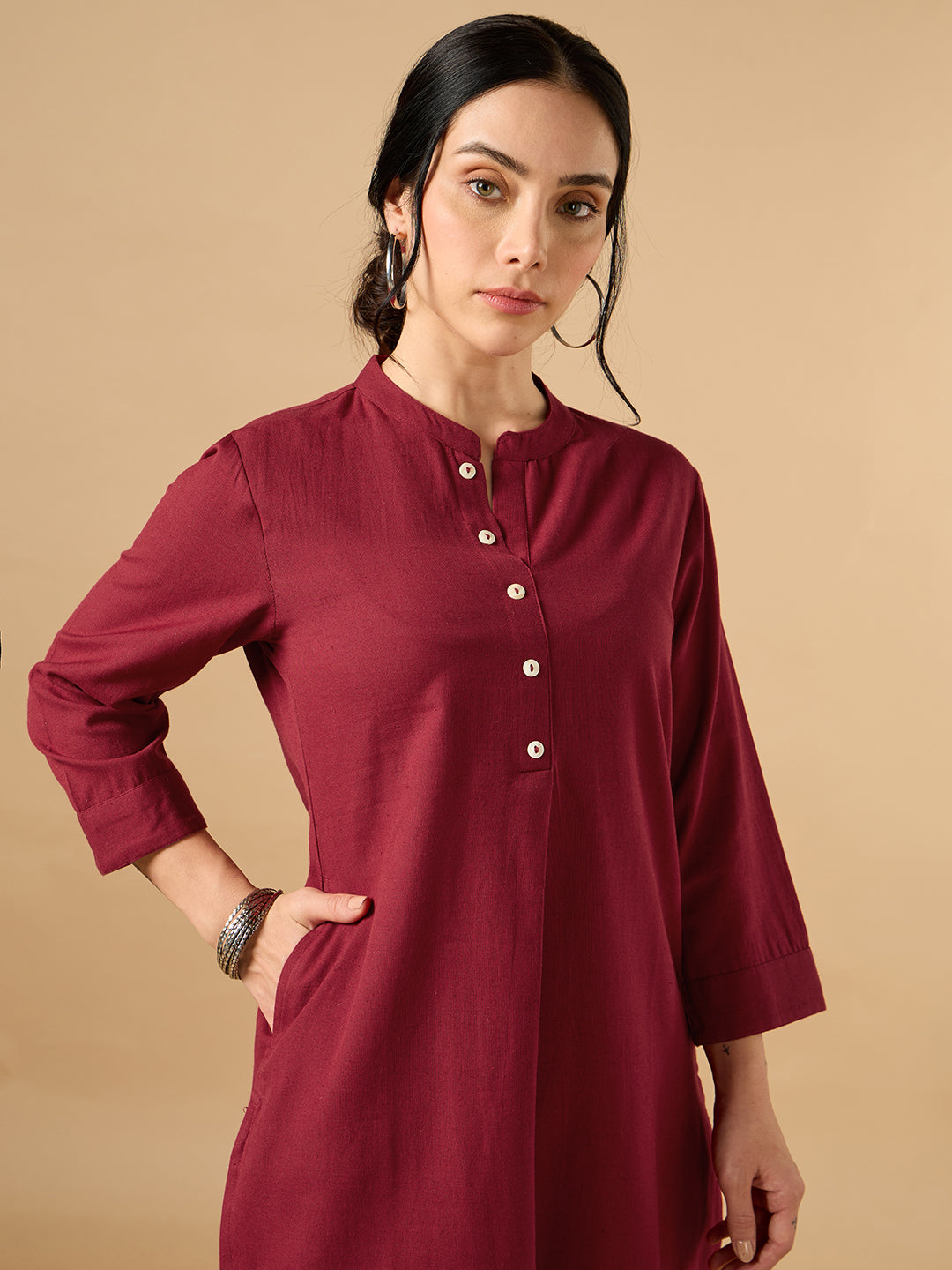 Classic Linen Maroon Straight Long Kurta