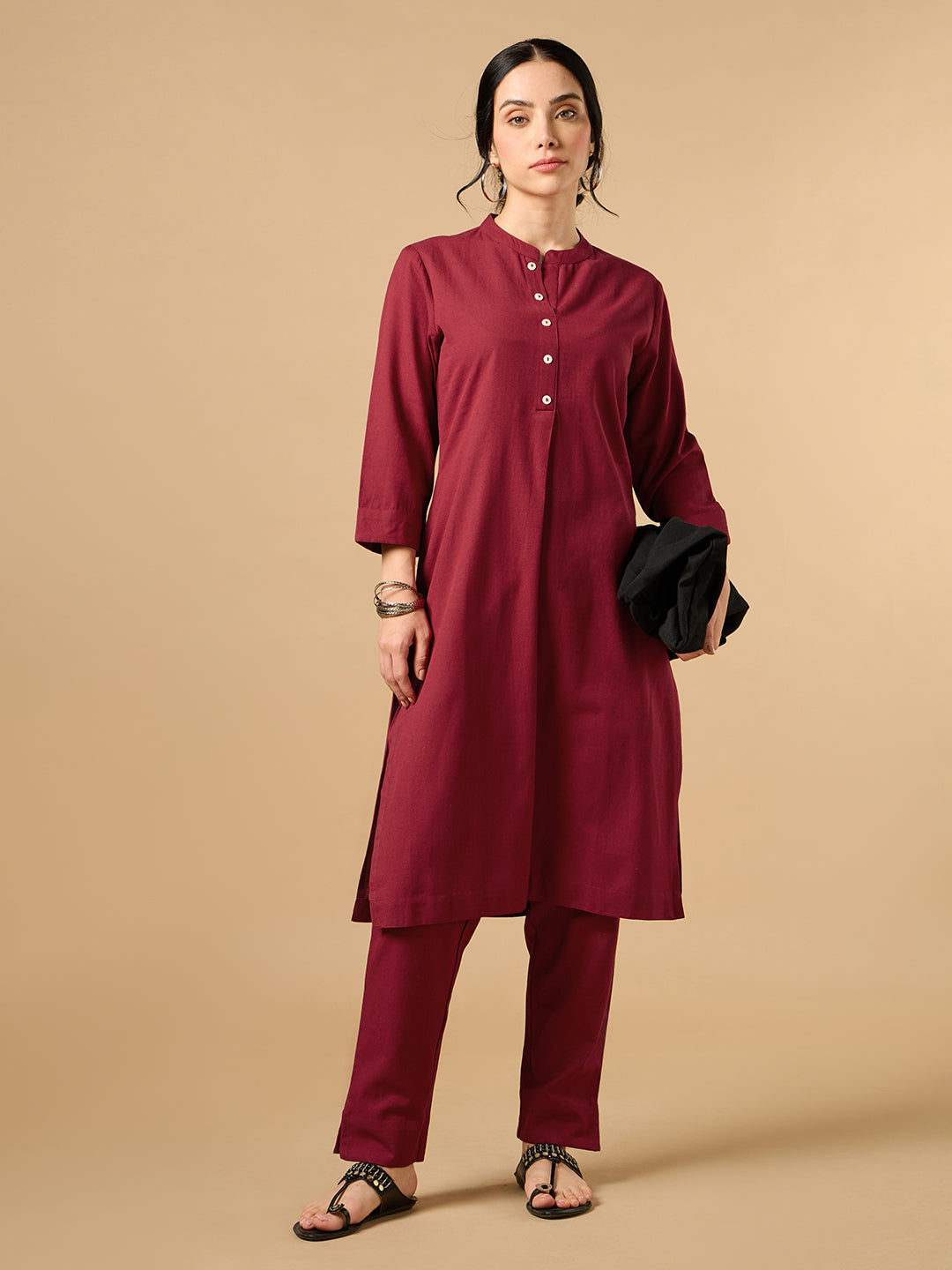 Classic Linen Maroon Straight Long Kurta