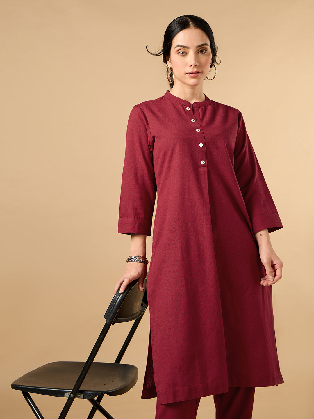 Classic Linen Maroon Straight Long Kurta